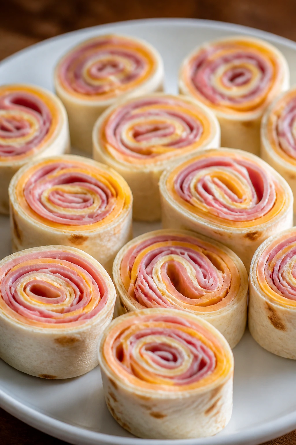 Sliced ham and cheese roll-ups showing spiral filling on a plate