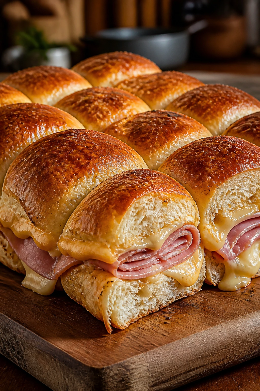 Pull-apart ham and cheese rolls on wooden board
