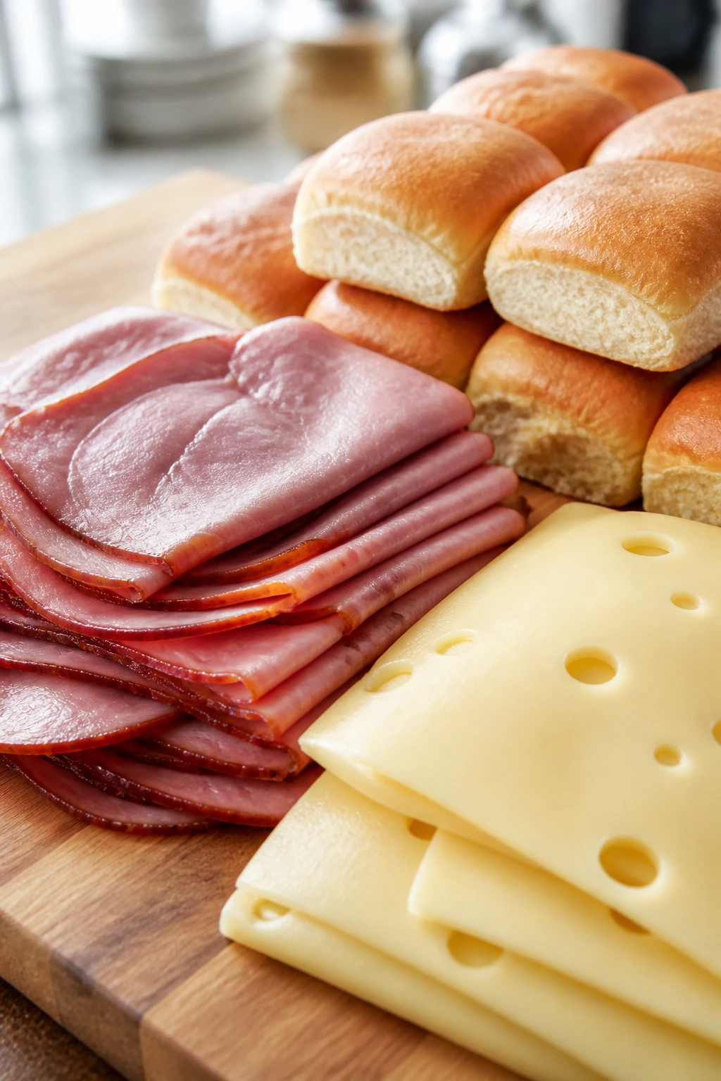 Key ingredients for sliders laid out on a wooden board