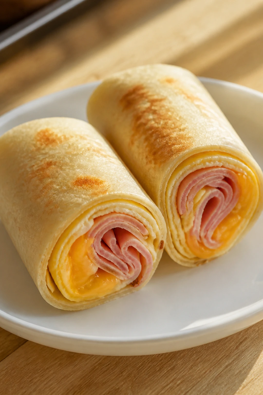 Close-up of ham and cheese breakfast roll-ups sliced on a plate