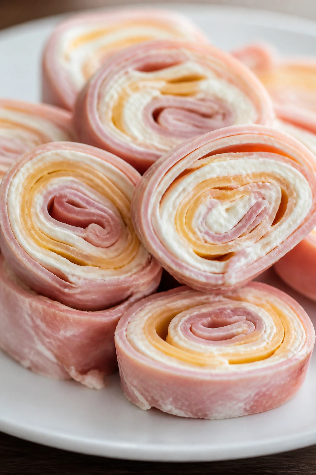 Pinwheel ham and cheese roll-ups on a plate