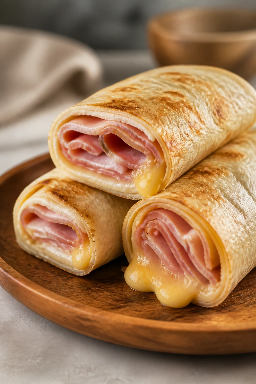 Close-up of ham and cheese roll-up sliced to reveal filling on a plate