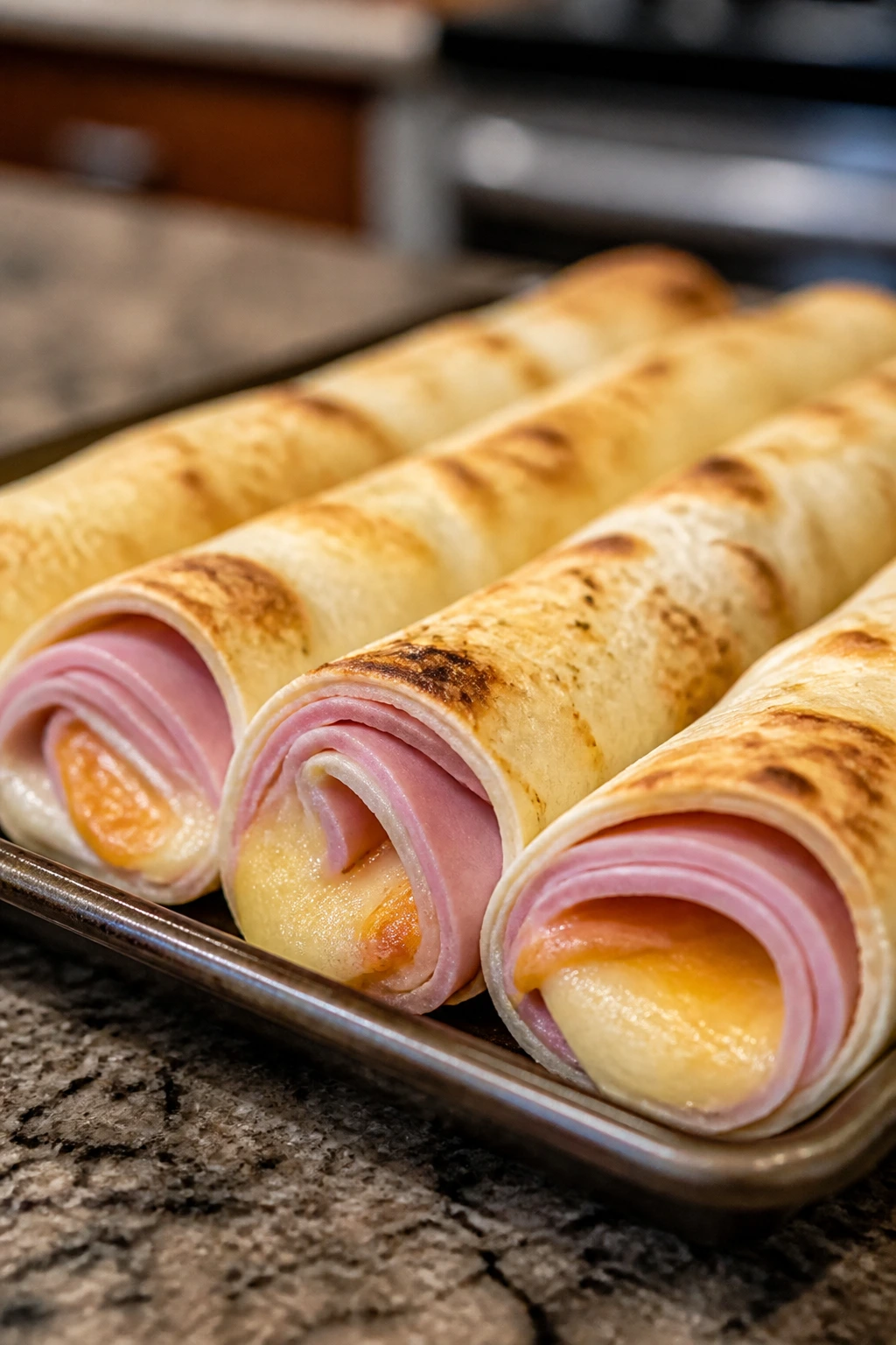 Close-up of ham and cheese roll-ups on a baking tray