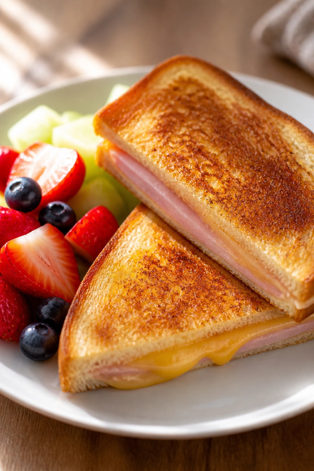 Close-up of grilled ham and cheese sandwich with fruit on a plate