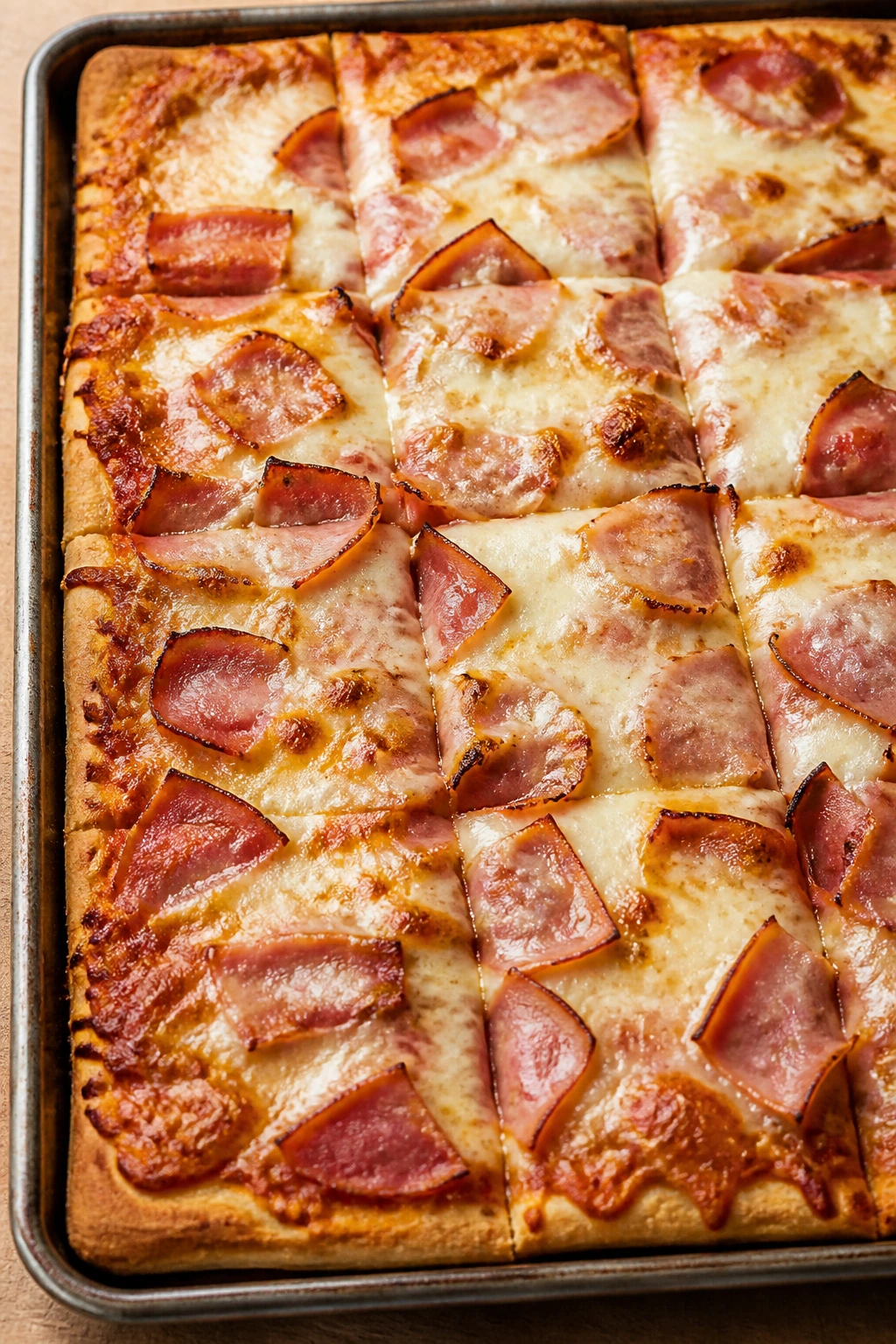 Top-down view of ham and cheese sheet-pan pizza on a kitchen counter