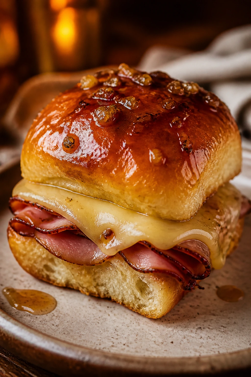Close-up of a glossy smoky ham and cheese slider with brown sugar glaze