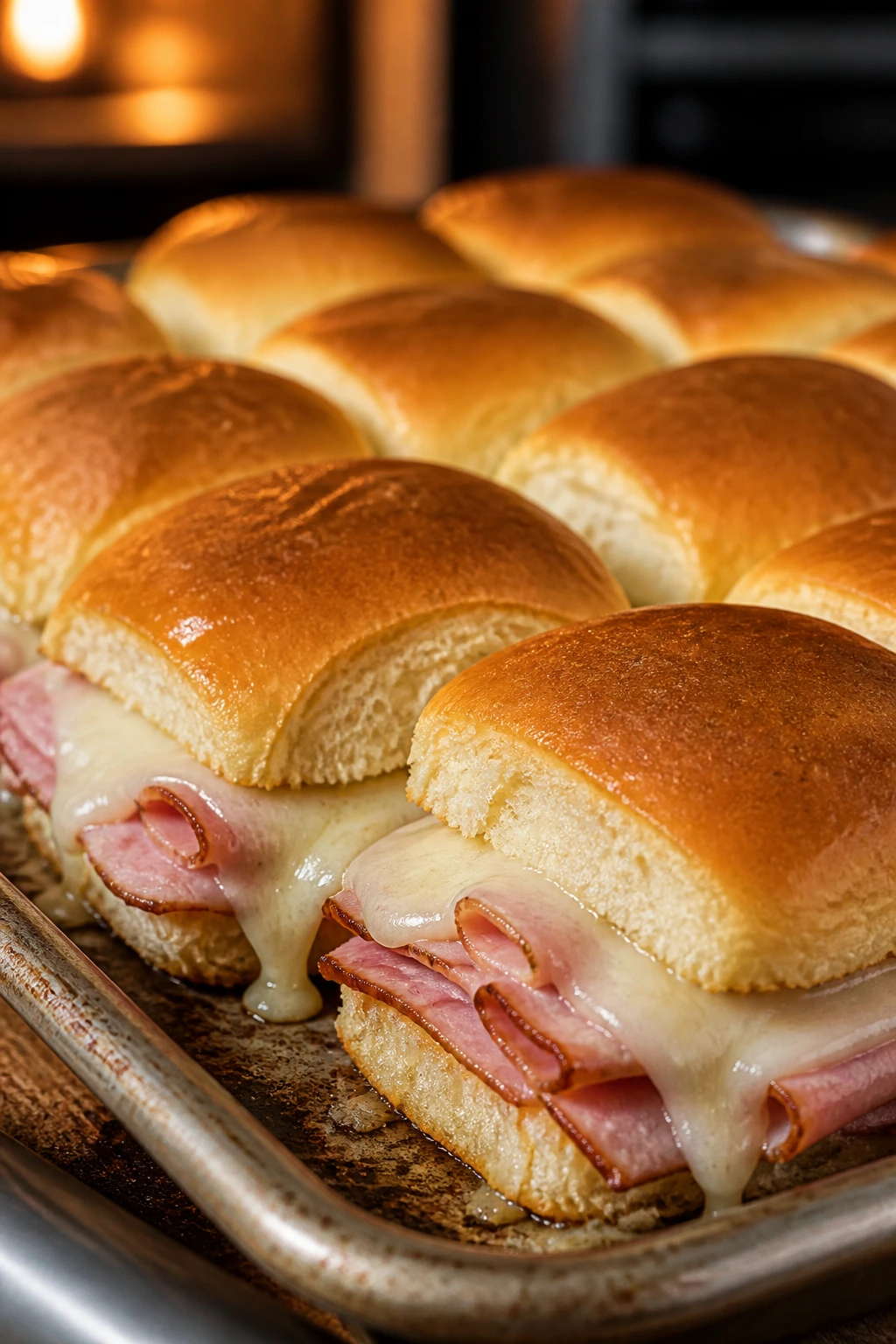 Close-up of ham and cheese sliders on a sheet pan