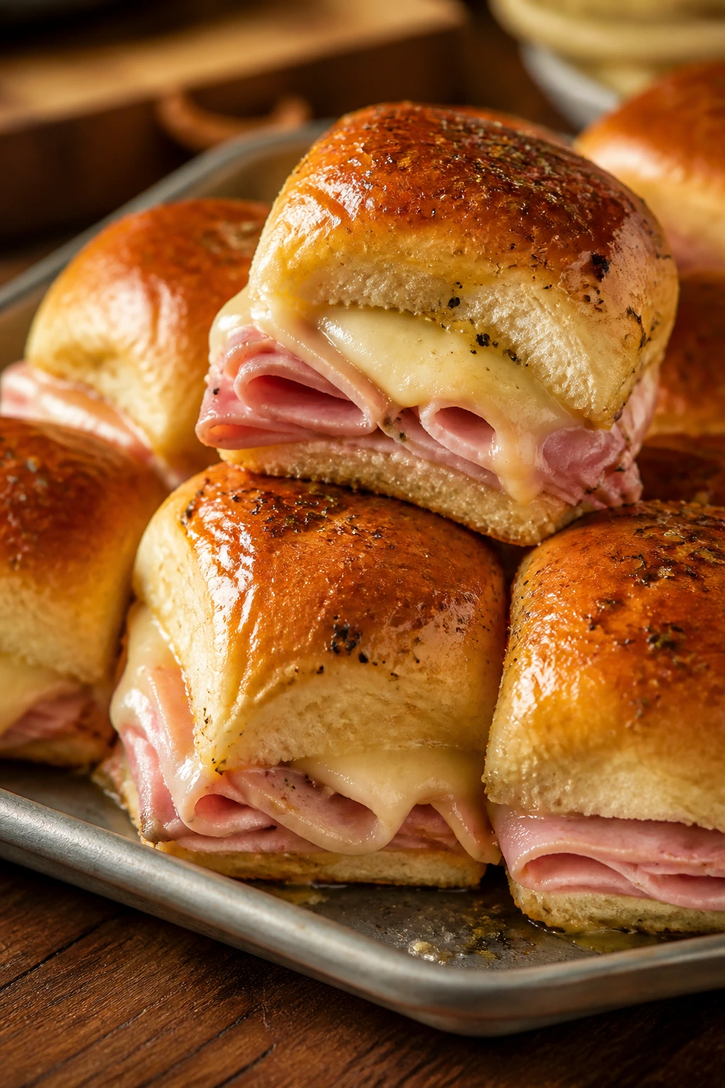 Close-up of ham and cheese sliders with a glossy butter glaze