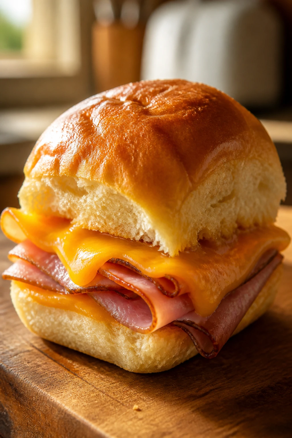 Close-up of ham and cheese breakfast slider on wooden board