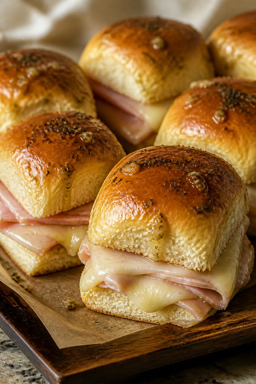 Ham and cheese sliders with melted cheese on a baking sheet