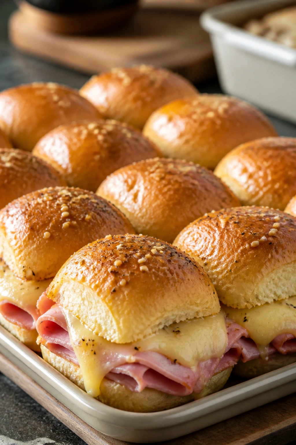 Close-up of ham and cheese sliders with a glossy butter glaze