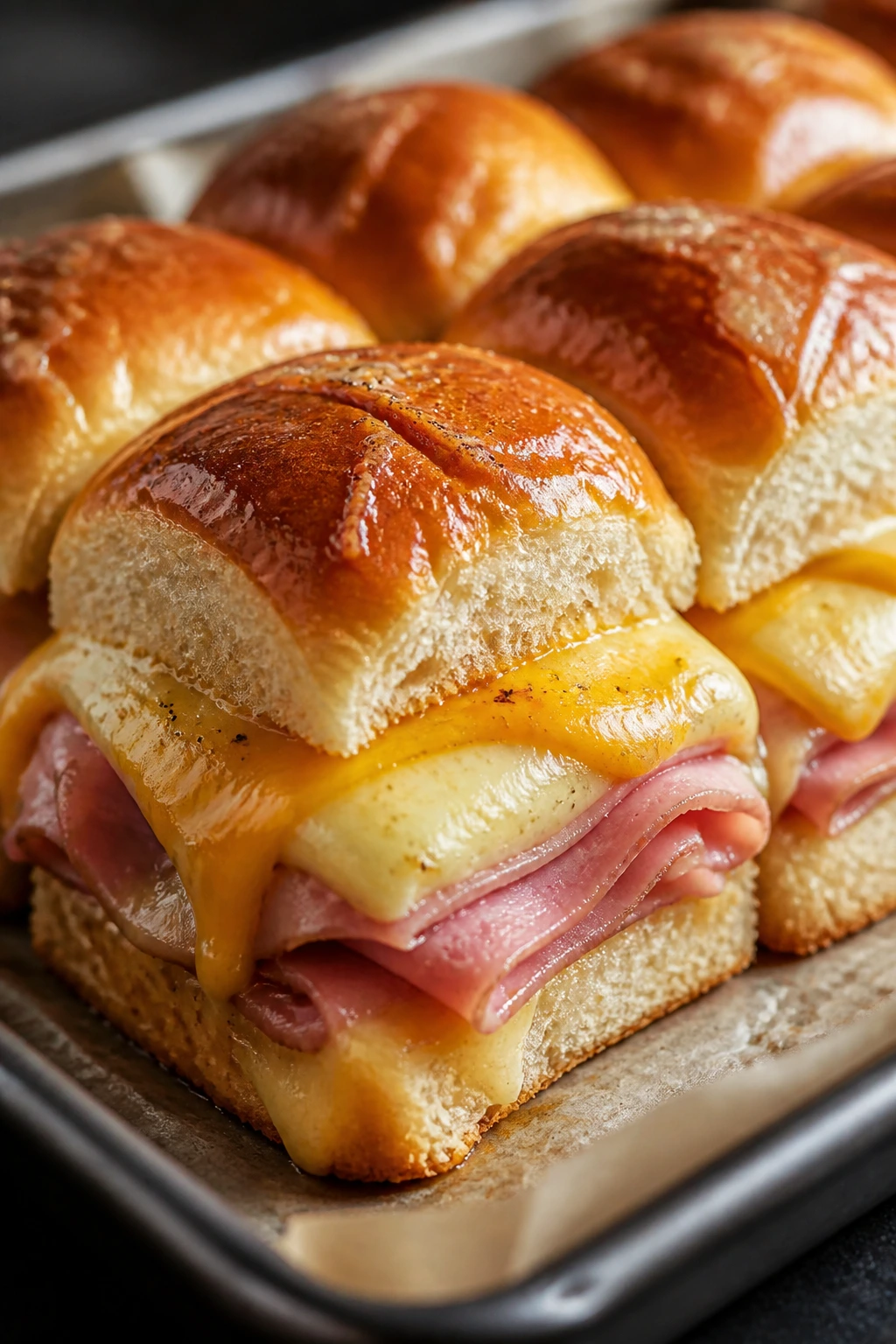 Row of ham and cheese sliders on a parchment-lined tray