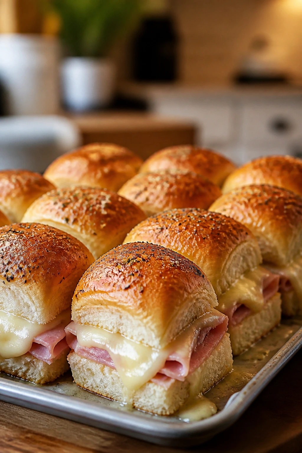 Close-up of ham and cheese sliders on a tray