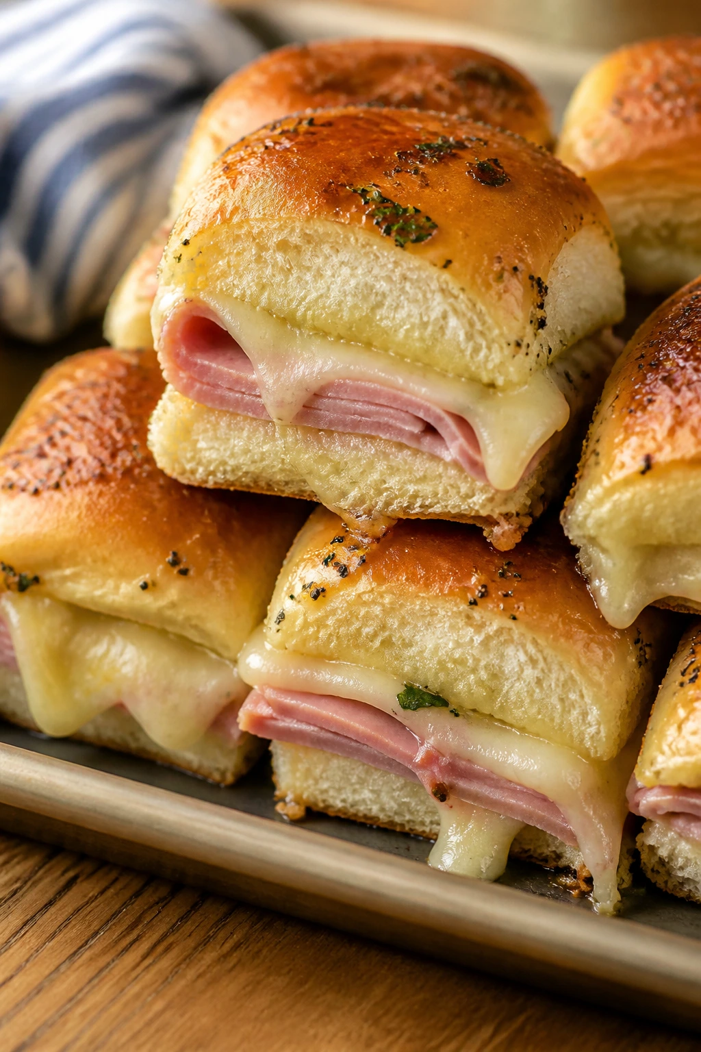 Close-up of warm ham and cheese sliders with melted cheese