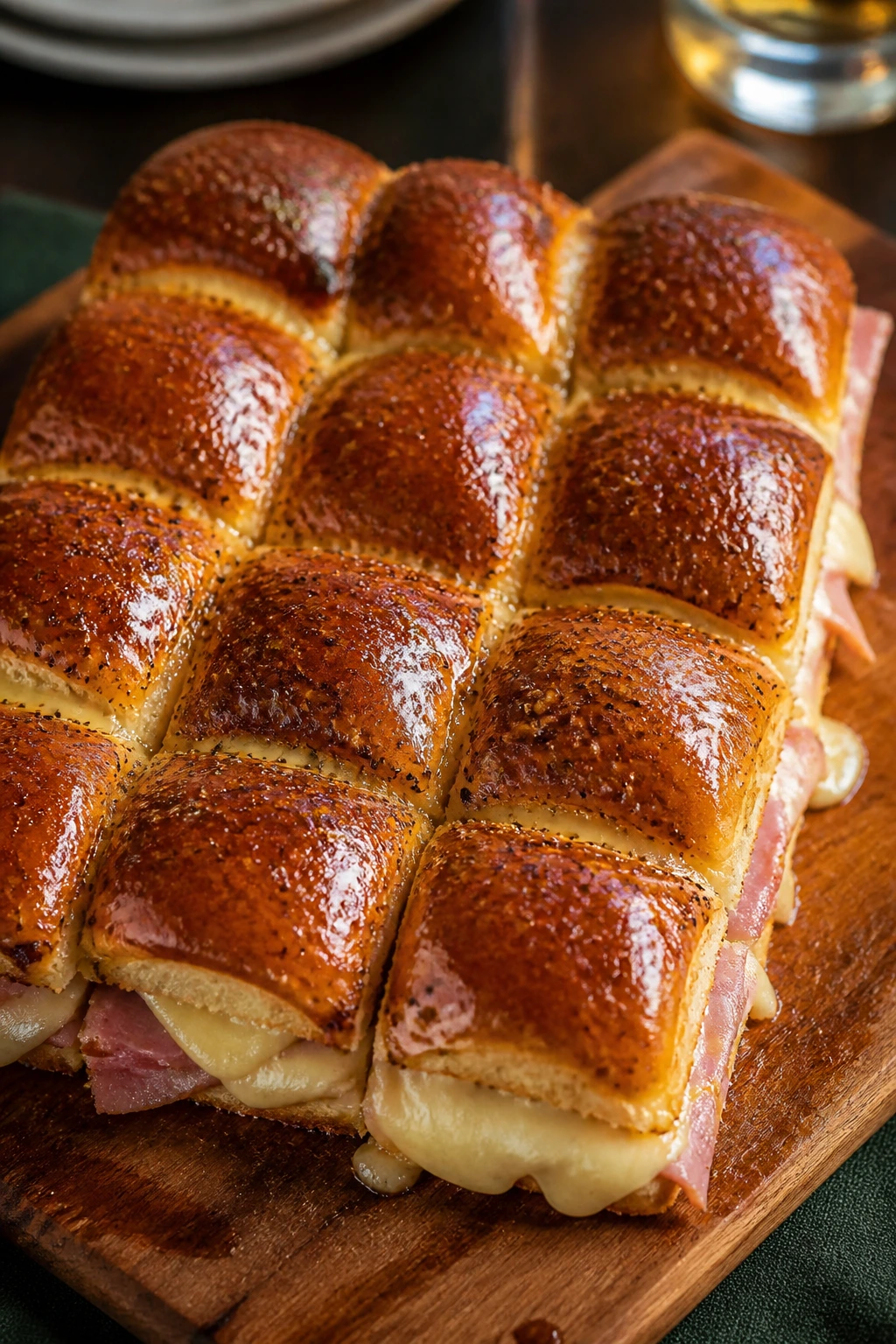 Caramelized ham and cheese sliders sliced at seams on cutting board