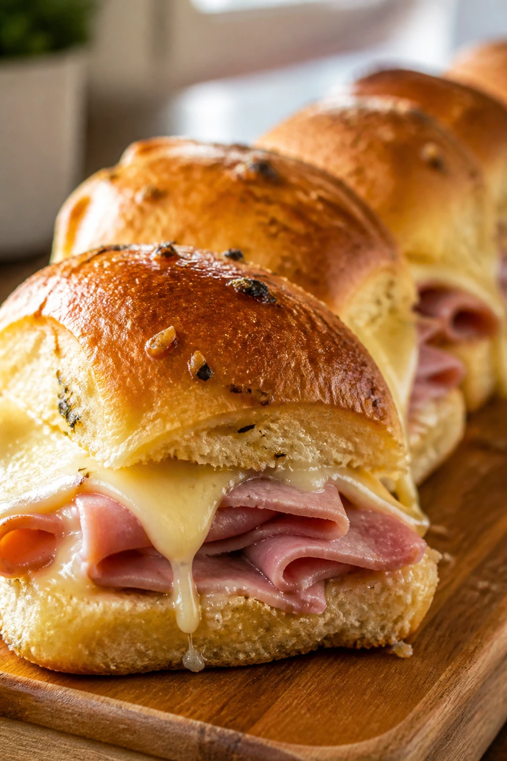 Close-up of toasted ham and cheese sliders on a wooden board