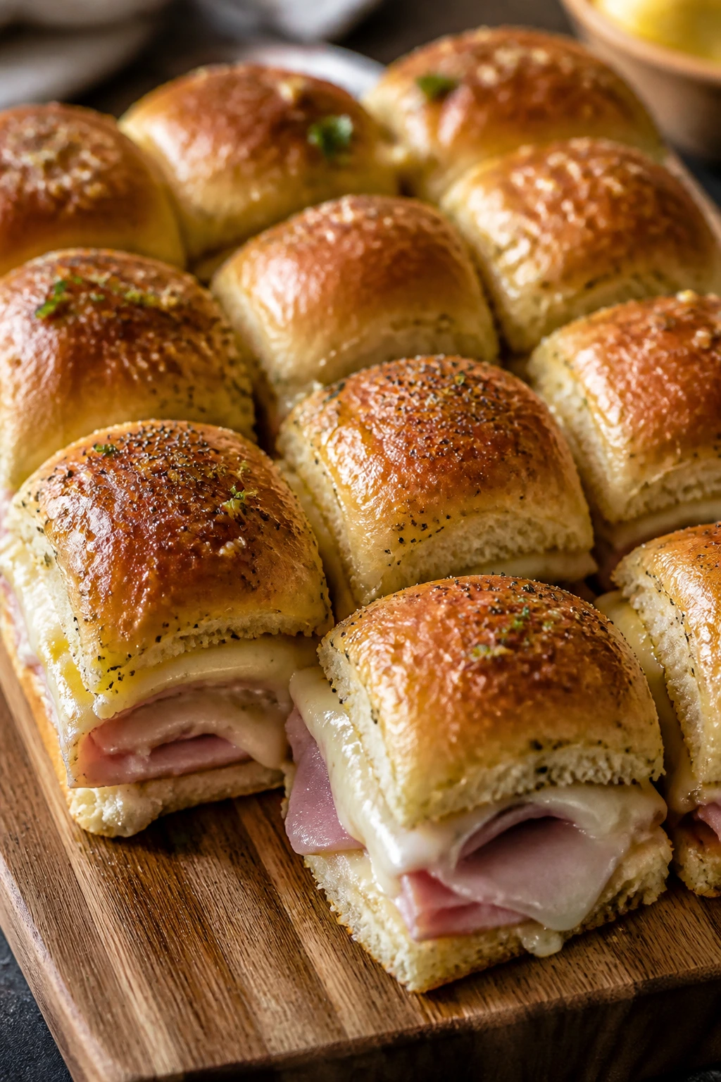 Close up of ham and cheese sliders on a tray
