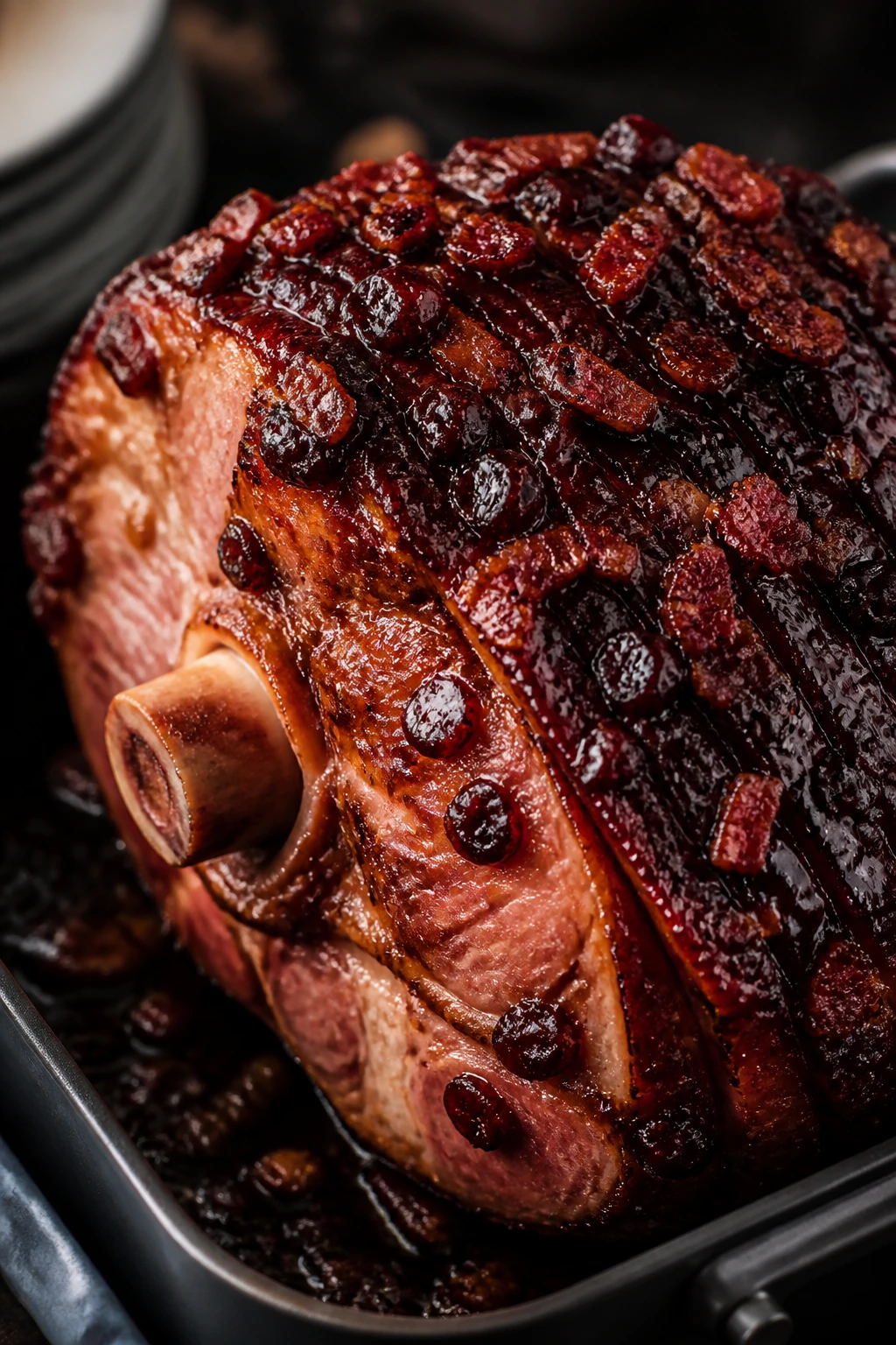 Close-up of bone-in ham with cherry port bacon glaze