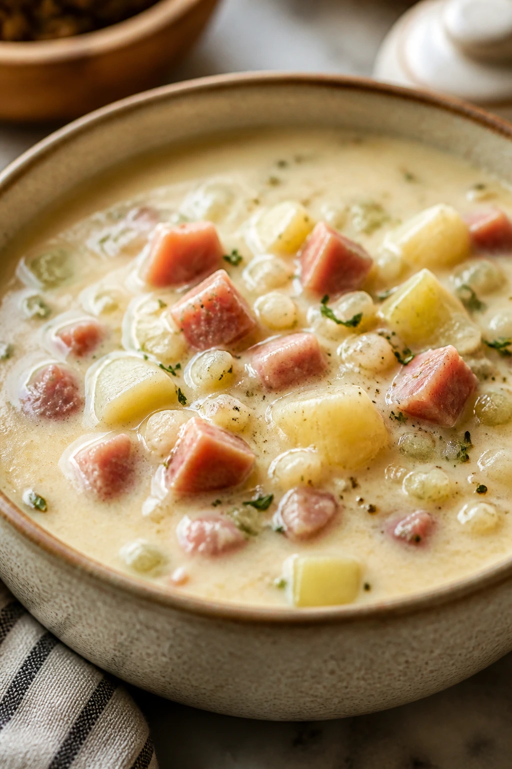 Creamy ham and potato chowder in a bowl on a kitchen counter
