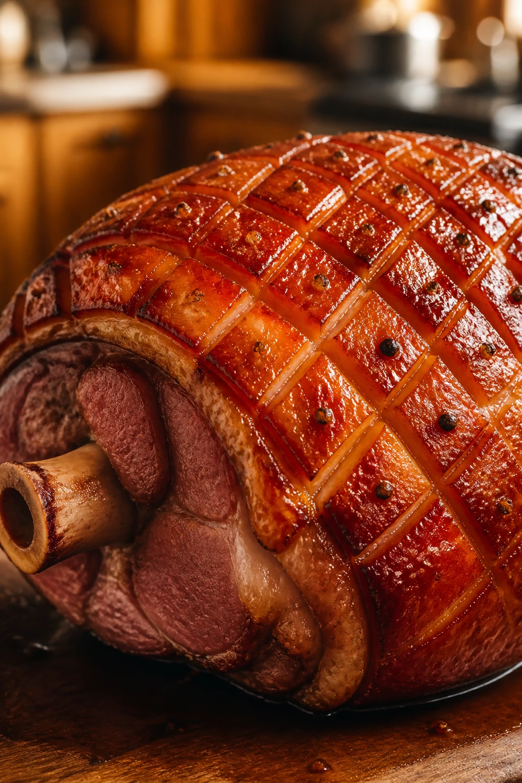 Diamond-scored fat cap on bone-in ham with cloves