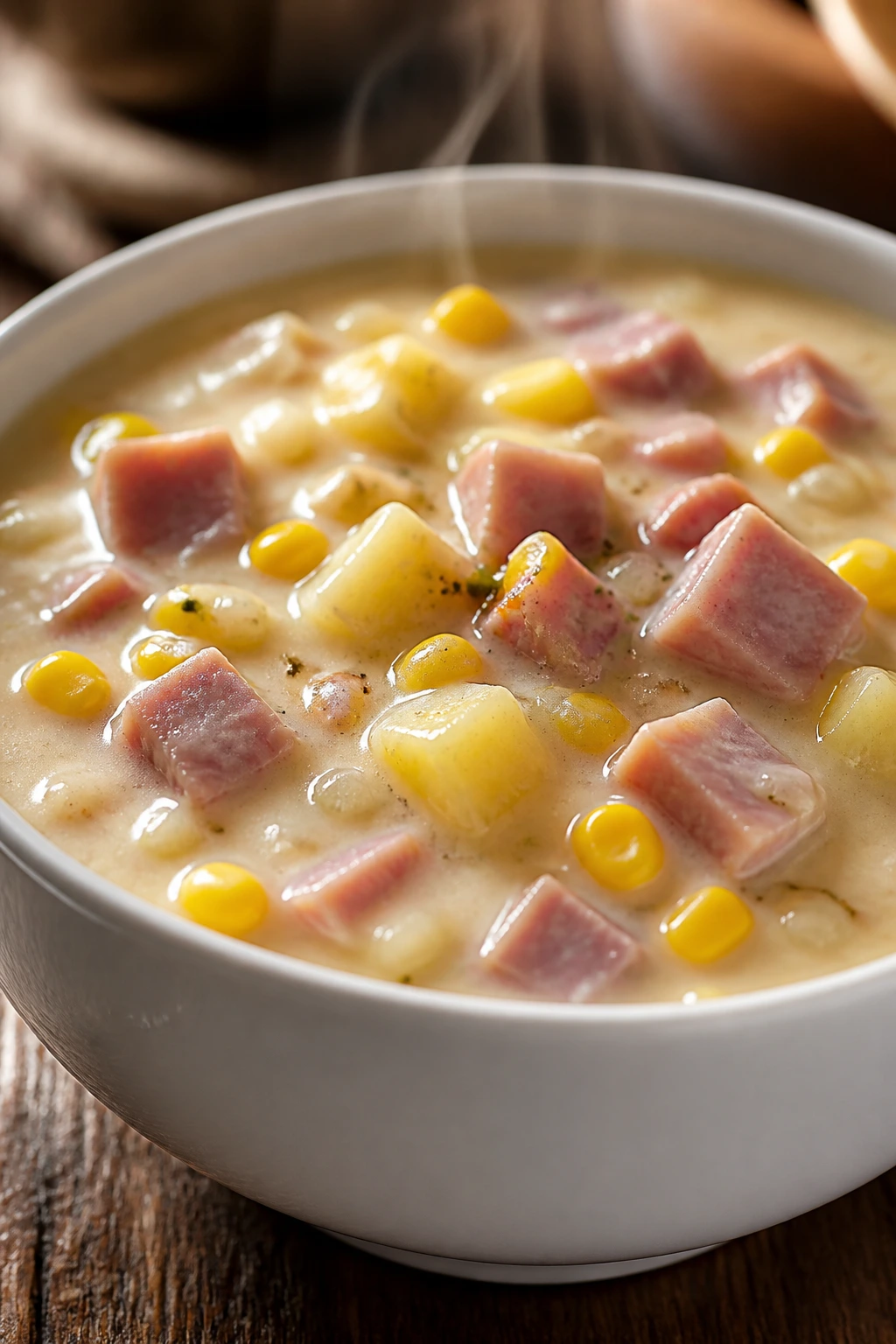 Creamy ham and corn chowder with potatoes and corn in a bowl