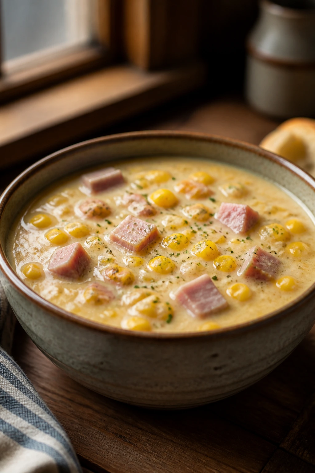 Corn chowder with ham pieces, showcasing a variation in the recipe.