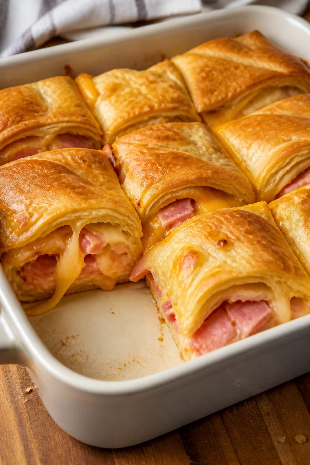 Ham and cheese crescent bake squares on baking dish
