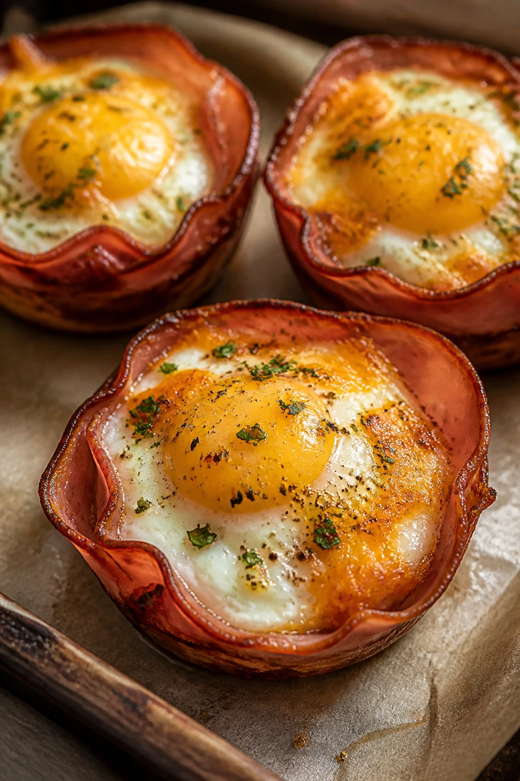 Close-up of ham and egg breakfast cups with cheese topping