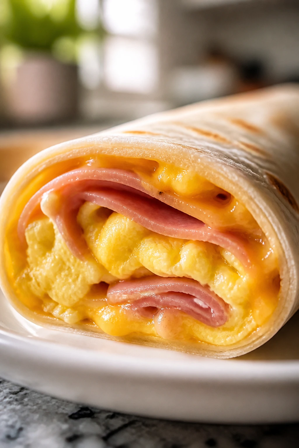 Close-up of ham, egg and cheese roll-up slice on plate