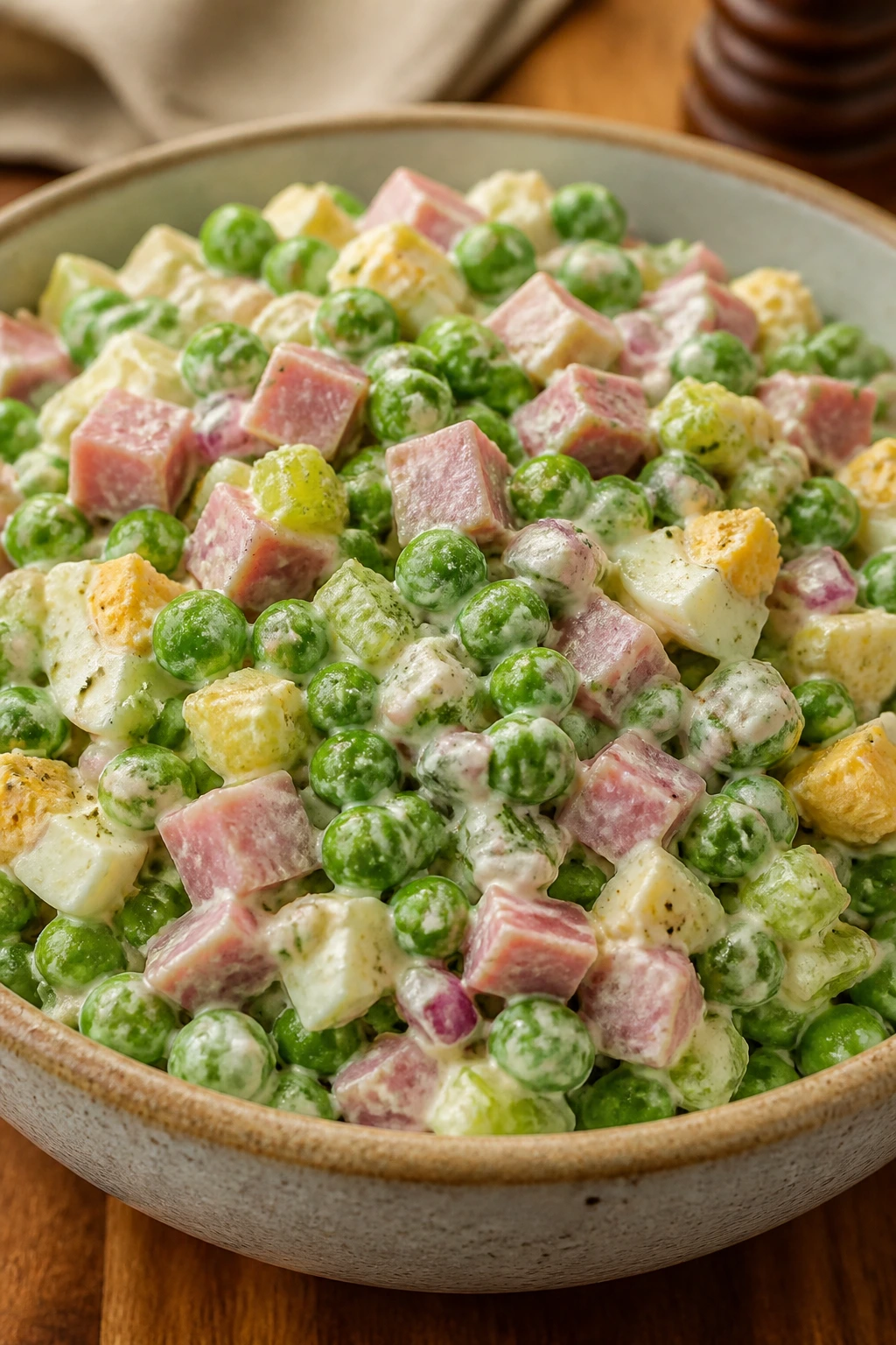 Close-up of Southern Pea Salad with Ham and Egg in a ceramic bowl with ham and eggs visible