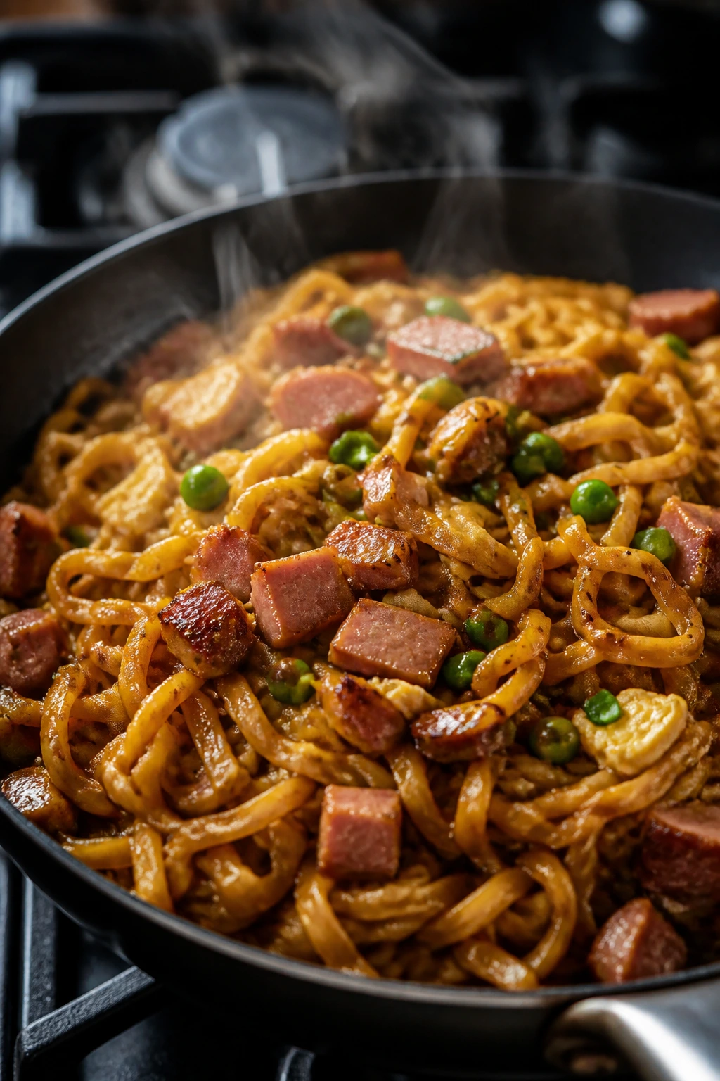 Ham fried noodles with peas on stovetop