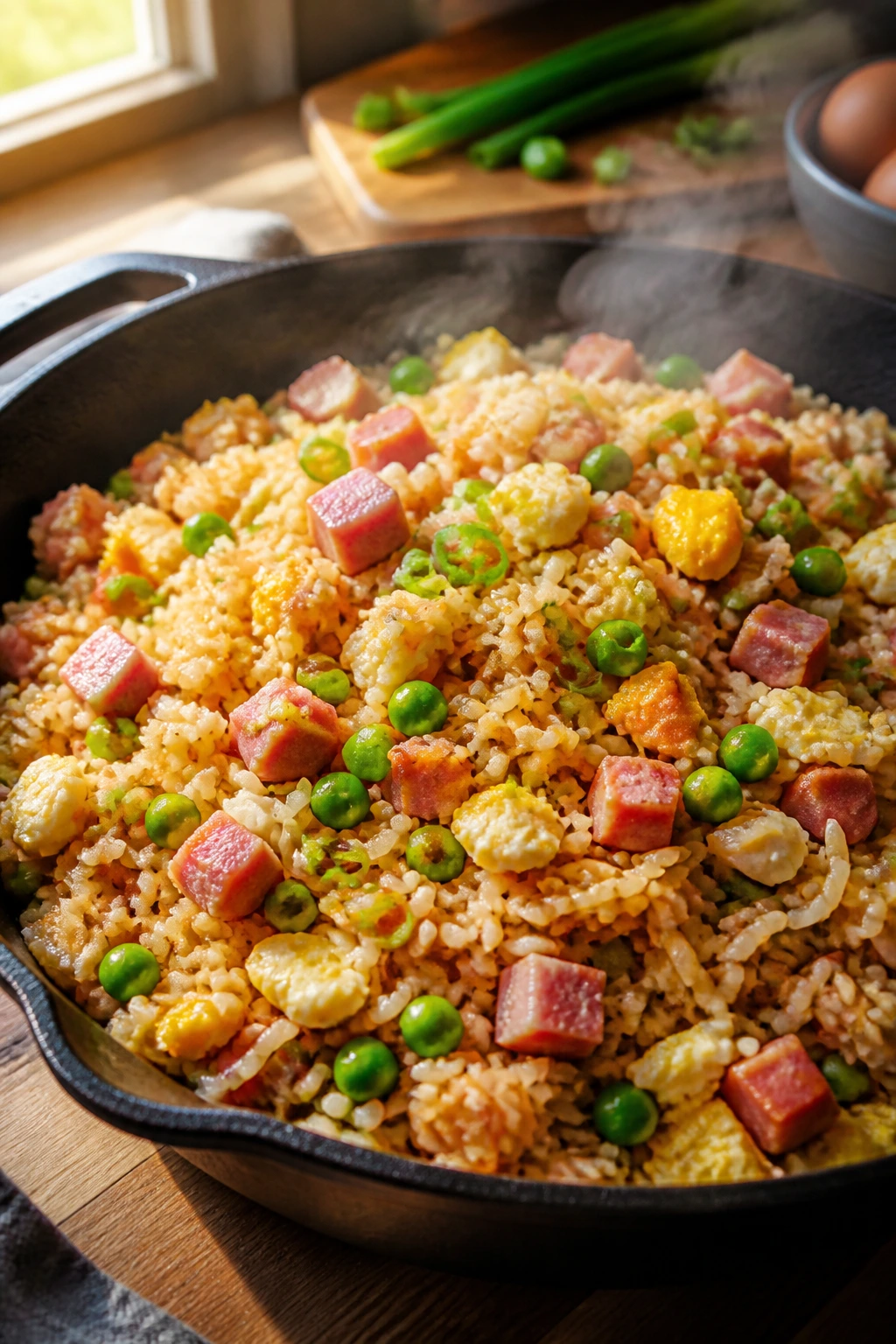 Close-up of ham fried rice with ham, eggs, peas and green onions in a skillet