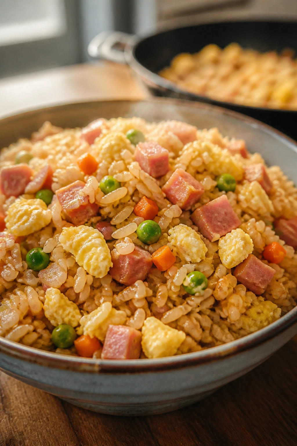 Close-up of steaming ham fried rice in a bowl with ham, eggs, peas, and carrots