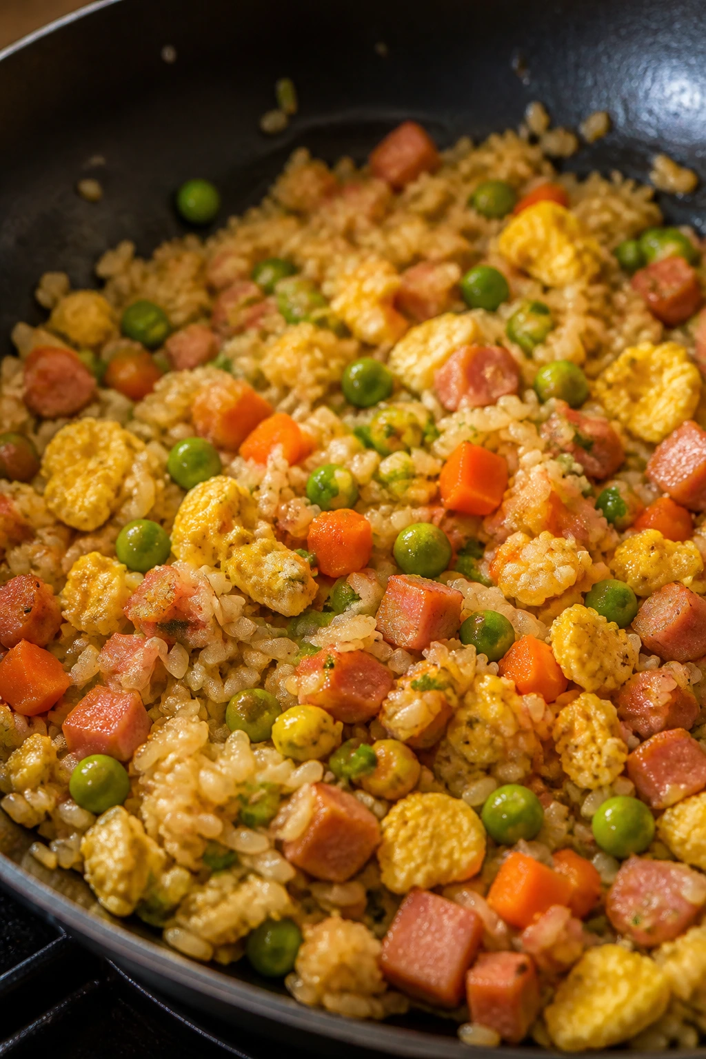Ham fried rice with peas and carrots in a pan, ready to pack for lunch.