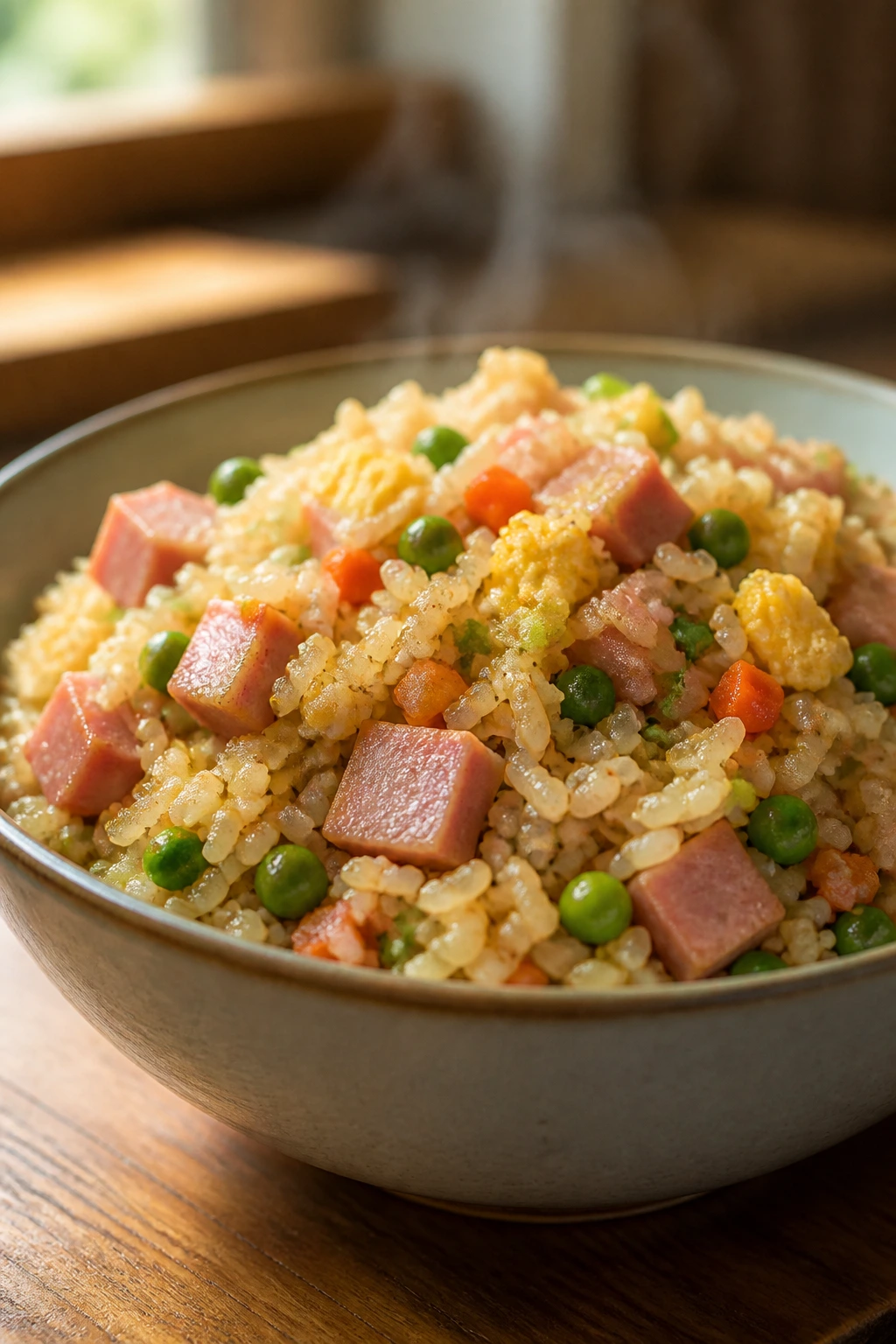 Bowl of ham fried rice with peas and carrots