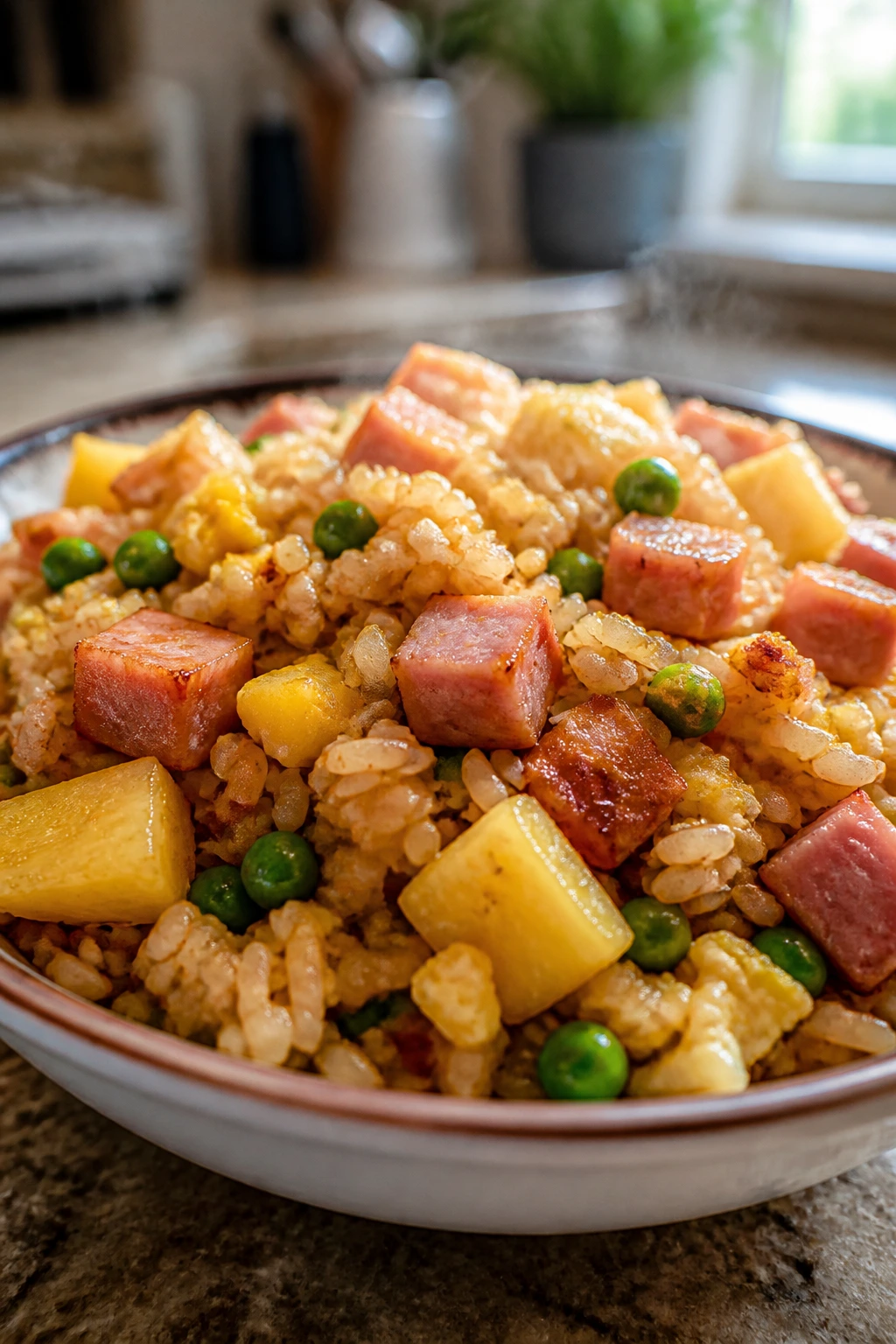 Close-up of Hawaiian Ham Fried Rice with pineapple