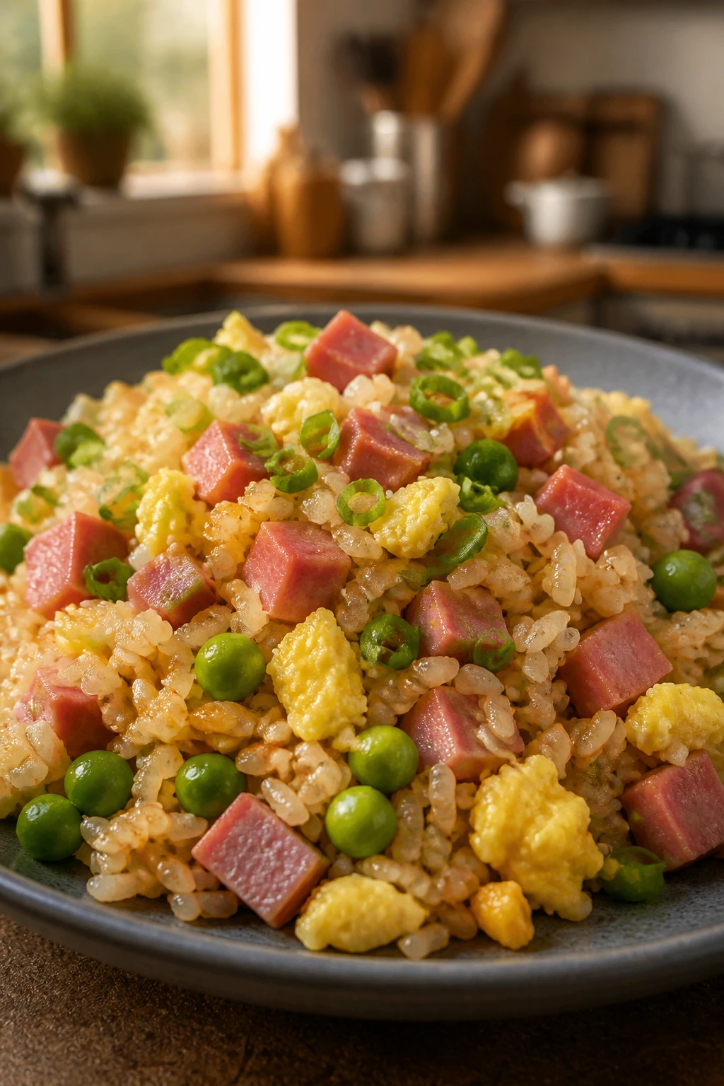 Close-up of ham fried rice on plate in a warm home kitchen