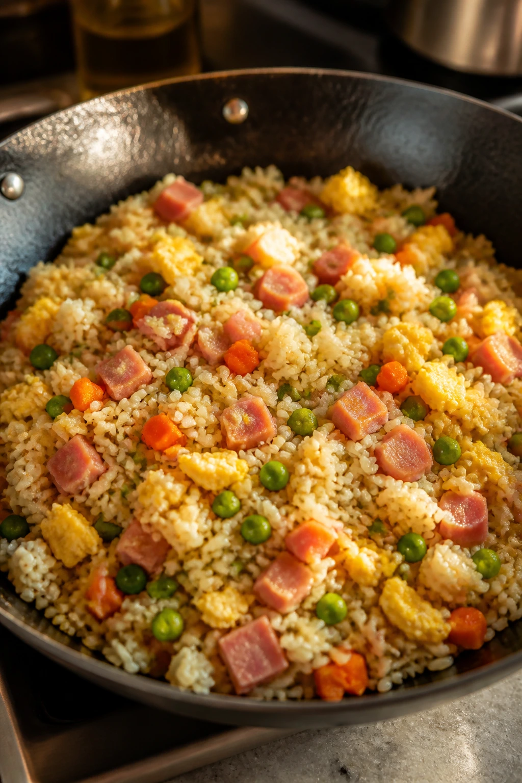 Close-up of ham fried rice with peas and carrots in a wok