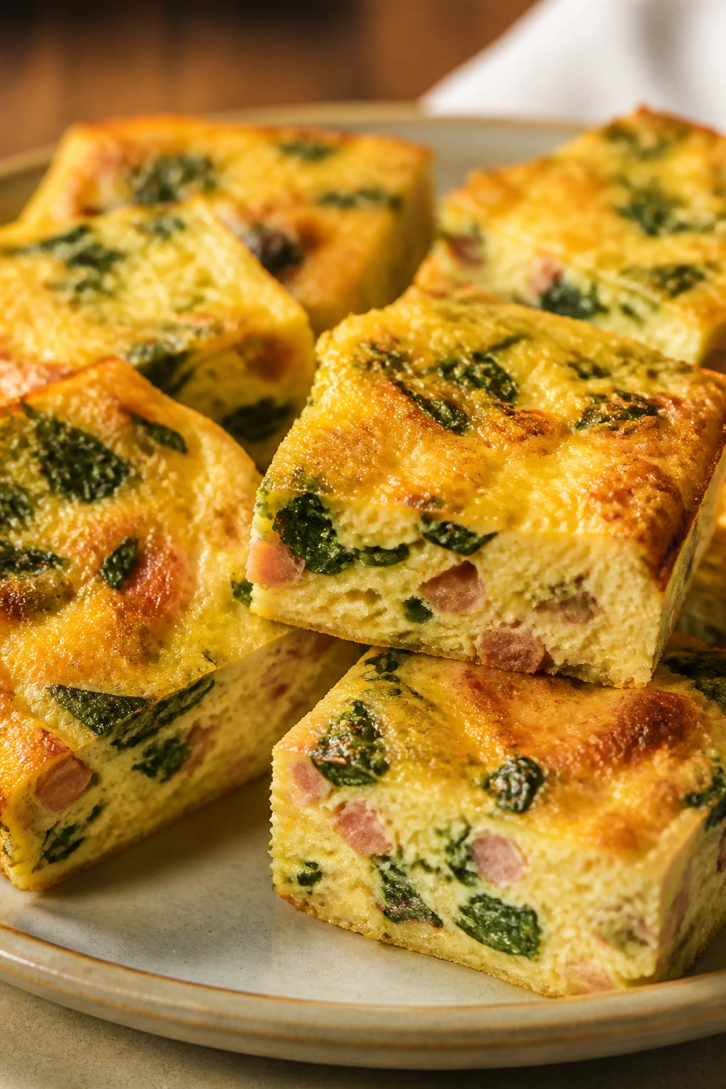 Close-up of ham and cheese frittata squares on a plate