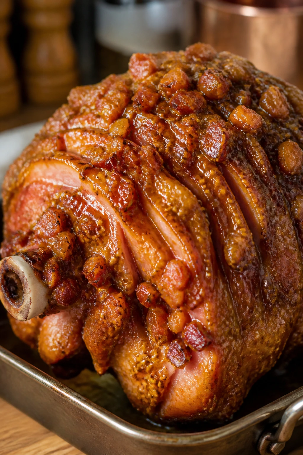 Close-up of bone-in ham with apple cider Dijon bacon glaze