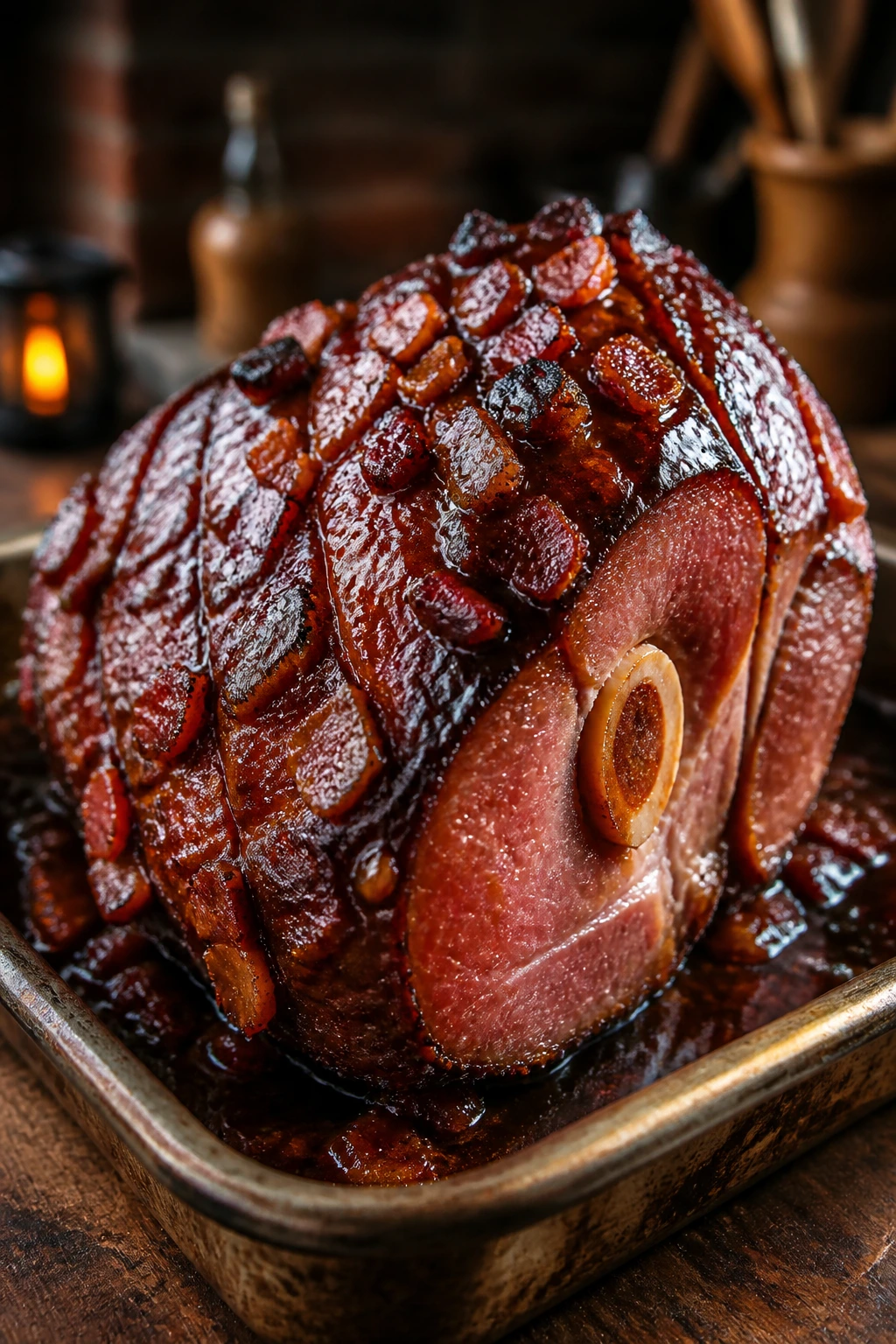 Close-up of bone-in ham with bourbon molasses bacon glaze