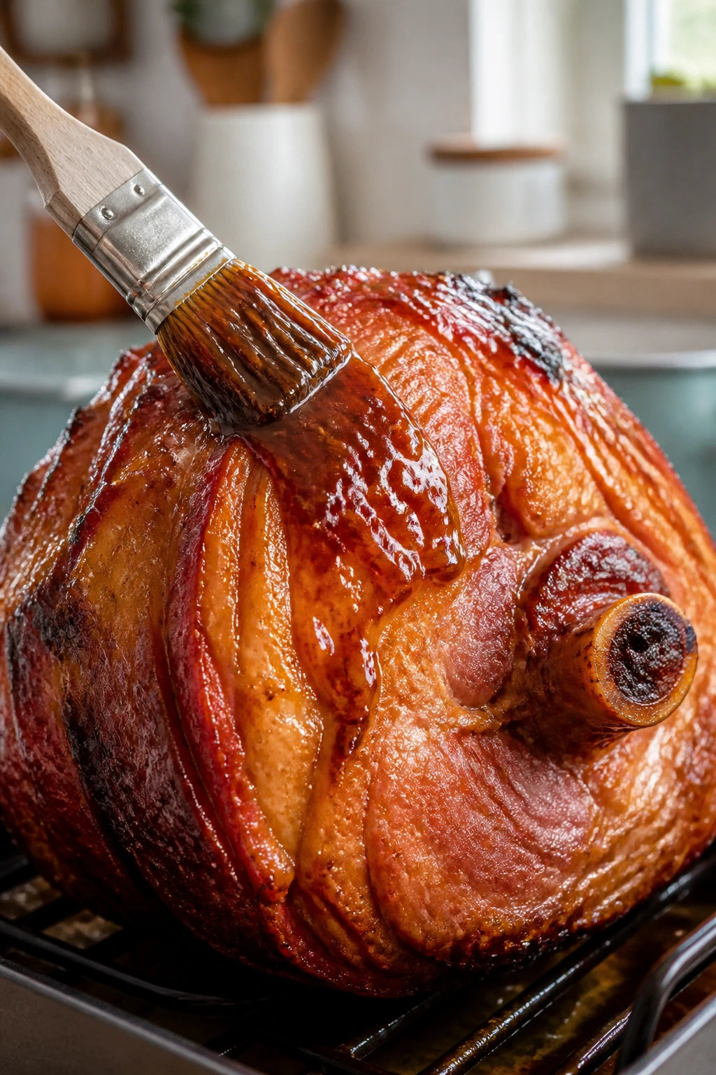 Glazed ham being brushed in roasting setup