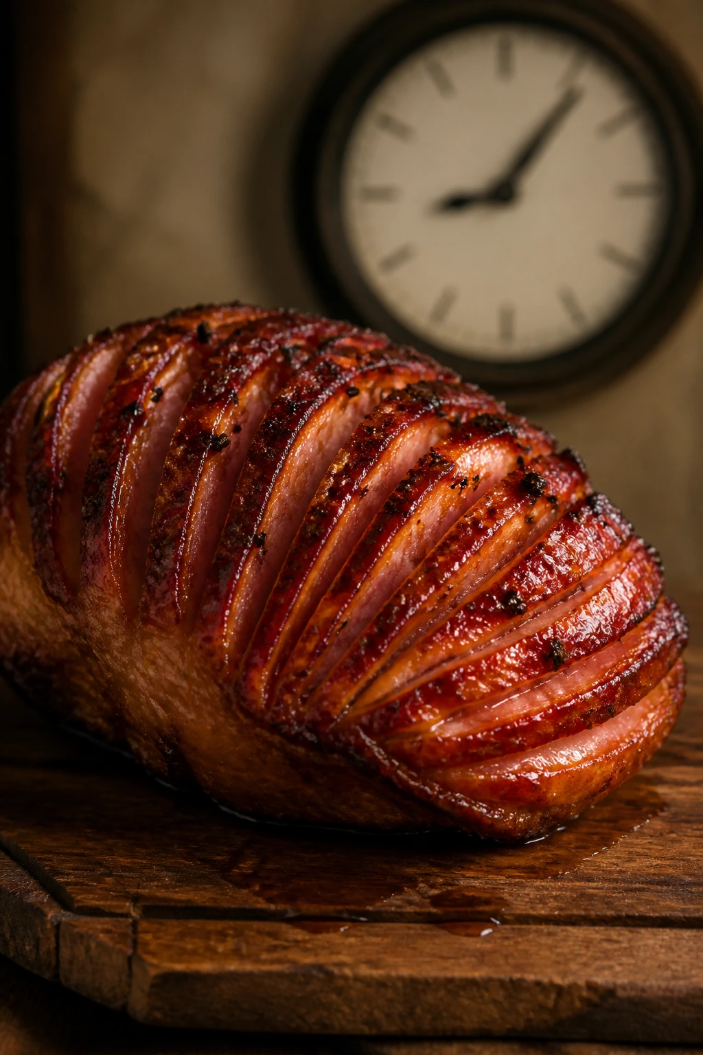 Glazed ham on carving board with clock in soft background