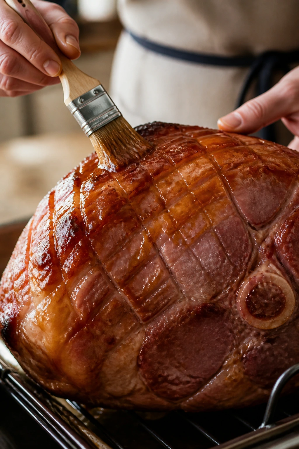 Ham surface brushed with glaze in two coats, glossy finish forming