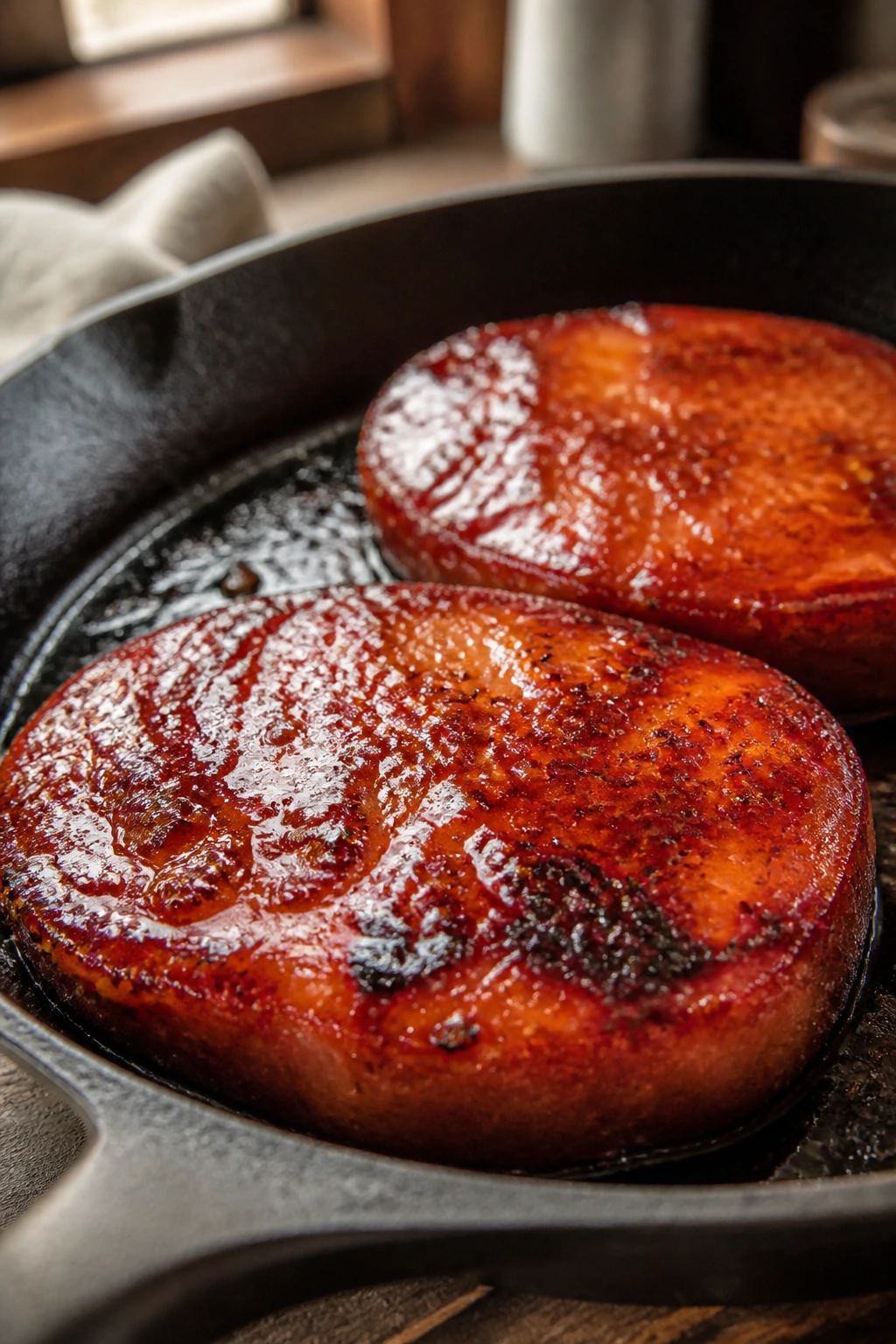 Close-up of ham steaks with honey-sriracha glaze in a cast-iron skillet