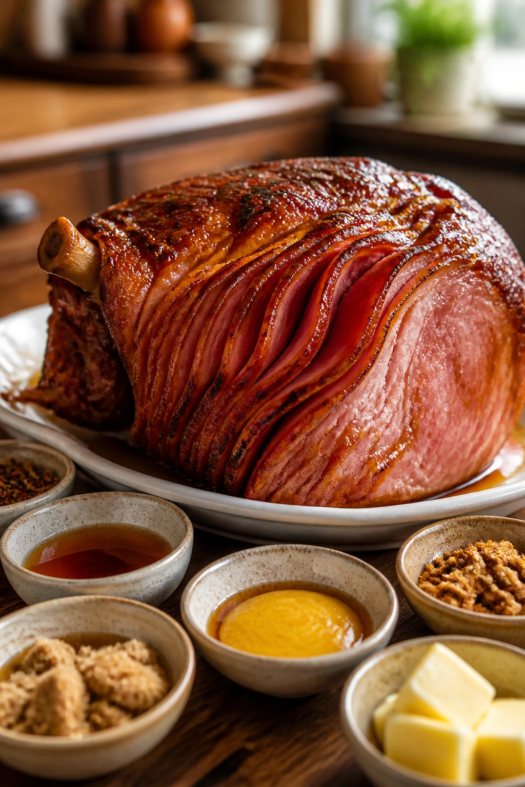 Ham with glaze and bowls showing ingredient roles