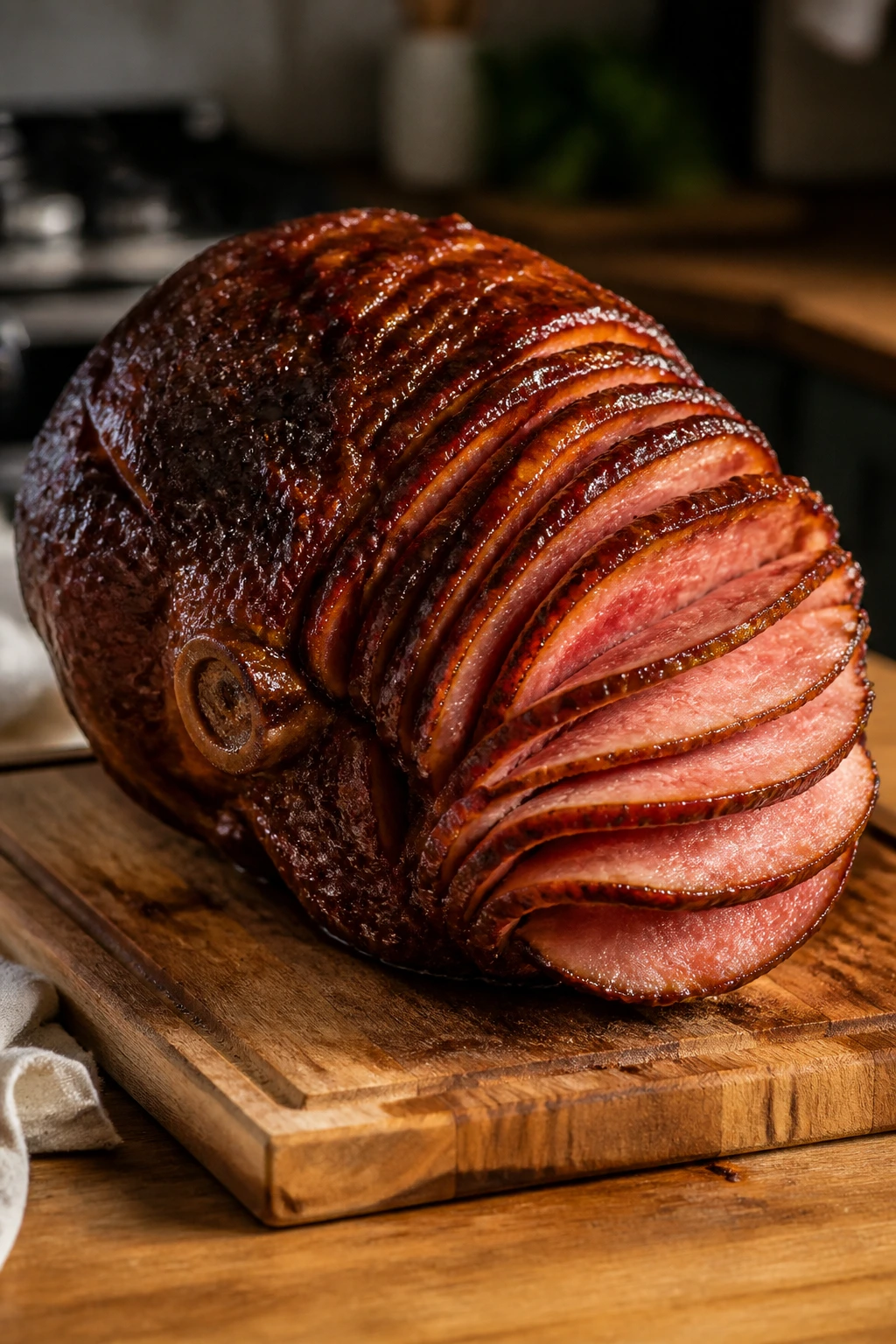 Fully cooked ham with brown sugar glaze on cutting board in kitchen
