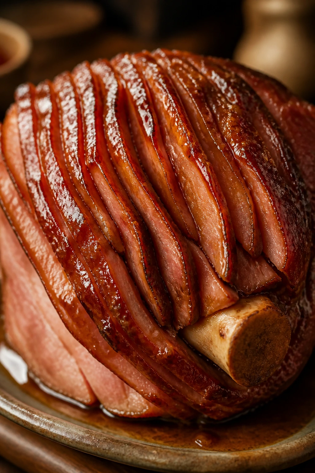 Macro close-up of glazed ham texture and glaze