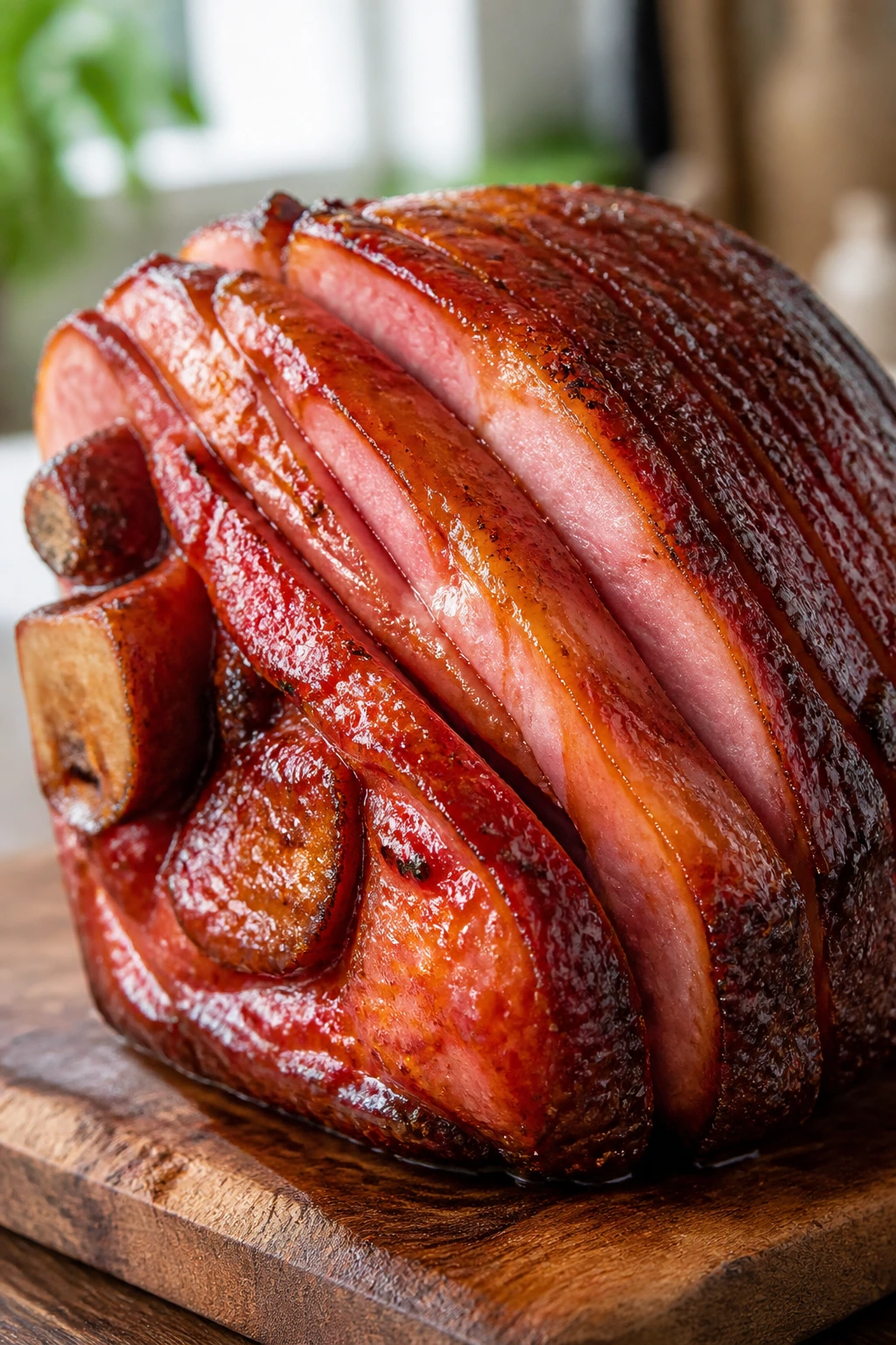 Fully cooked ham with a rich brown sugar glaze on a rustic board