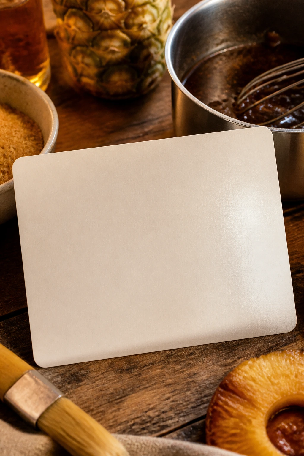 Glossy recipe card on a kitchen counter with glaze nearby, no text visible